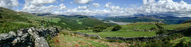 Beautiful panoramic view over Afon Mawddach and Cadair Idris, as seen from the hills east of Barmouth, during ebb-tide