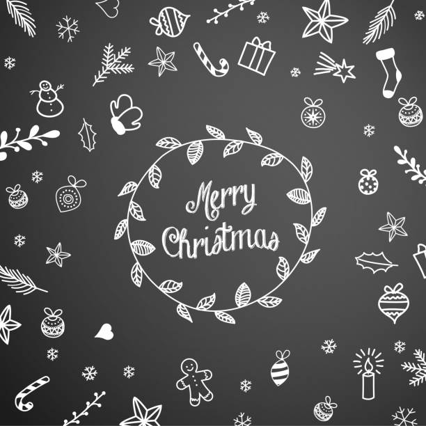 Christmas doodles on black chalkboard, seasonal theme vector art illustration