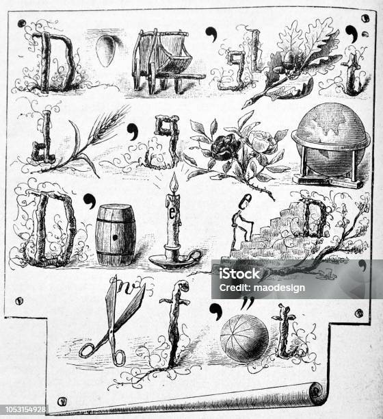 Pictogram Riddle 1888 Stock Illustration - Download Image Now - Globe - Navigational Equipment, Barrel, Engraved Image