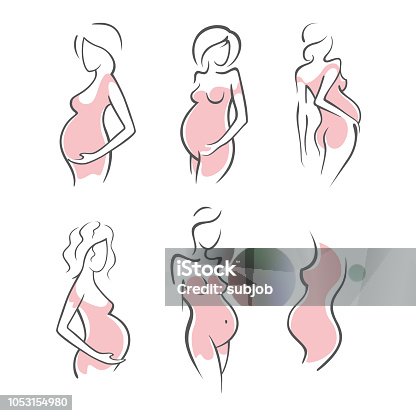 istock Set of drawing linear beautiful pregnant girl in dark, pink, clothes, nude figure. Birth of a child. Vector graphic illustration, draw silhouettes for design 1053154980