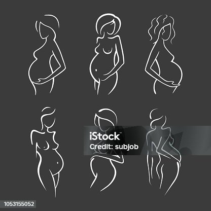 istock Set Drawing linear beautiful pregnant girl. Gynecological medicine stock illustration. Silhouettes of women Graphic vector icon 1053155052