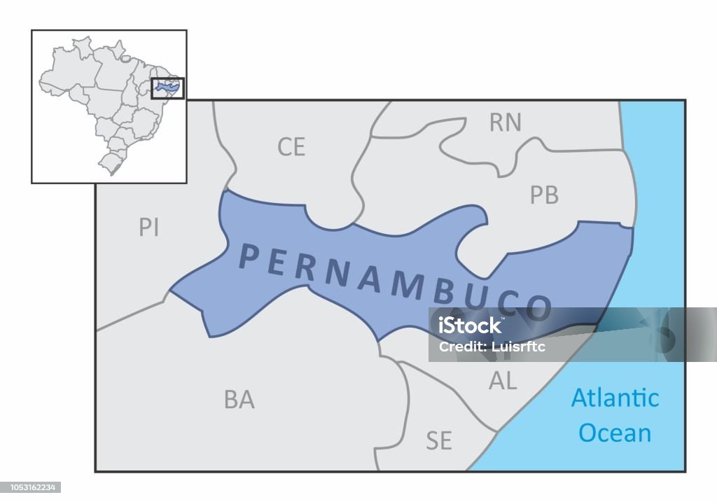 State of Pernambuco map Map of the State of Pernambuco and its location in the Brazilian territory Blue stock vector