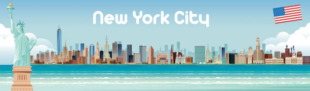 illustrazioni stock, clip art, cartoni animati e icone di tendenza di skyline di new york - new york city panoramic statue of liberty skyline