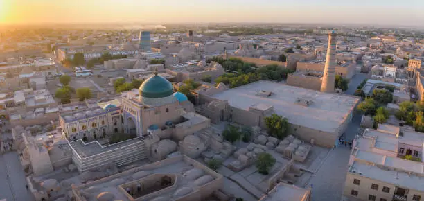 Khiva and Bukhara city sunset in Uzbekistan. Warm light over Khiva city with its beautiful Silk Road architecture