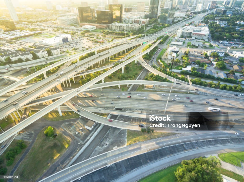 Stack Interstate Freeway Top View Elevated Highway Stack Interchange And Houston Skylines Stock ...