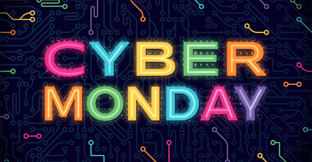 Cyber Monday Cyber Monday circuits circuit board blue background. cyber monday stock illustrations