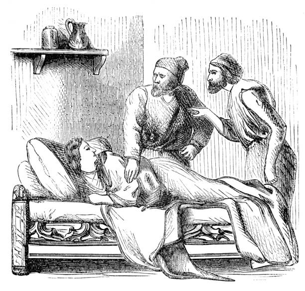 illustrations, cliparts, dessins animés et icônes de deux hommes vérifier sur une femme malade dans le lit de voyage du pèlerin - titre de livre