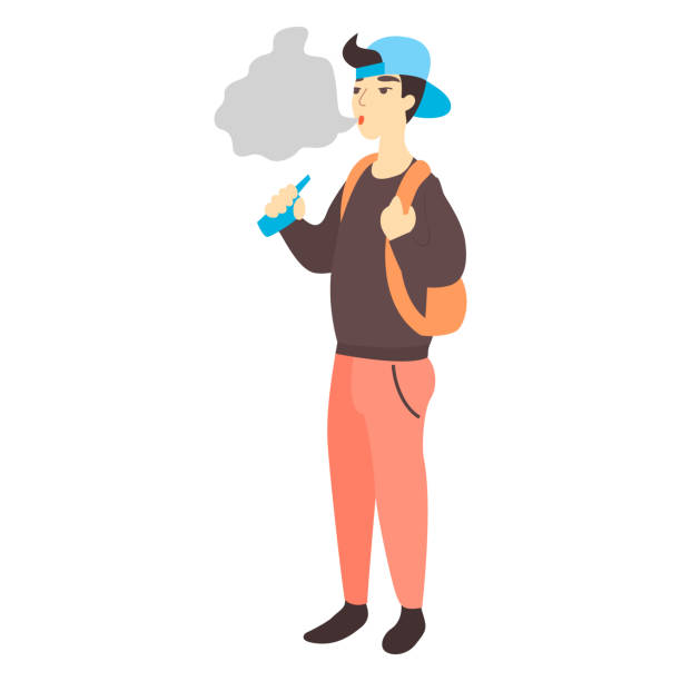 illustrations, cliparts, dessins animés et icônes de adolescent holding vape ou vaporisateur. teen fume cigarette électronique. mauvaises habitudes et la notion de dépendance à la nicotine. problèmes de l’adolescence. - e cigarette