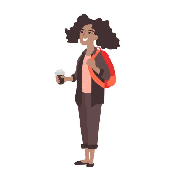 Vector illustration of Young girl high school student at break. African American college student with cup of coffee. First day in new school or college. Teen girl hanging out during recess