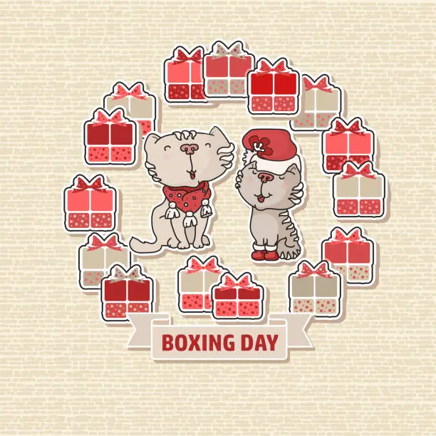 Vector illustration of Two cute cats, gift boxes and text Boxing Day.