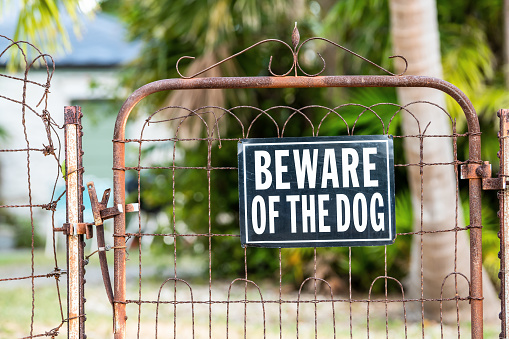 Beware of the dog sign on closed rusty fence gate with rust at residential neighborhood with house, home in background and nobody
