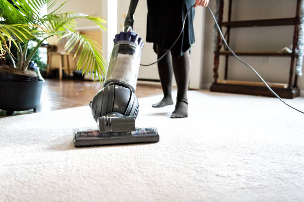 gros plan de femme, femme faisant le nettoyage à la maison avec aspirateur, montrant la tête, brosse sur la moquette, plantes vertes, étagères, meubles - carpet caucasian domestic room home interior photos et images de collection