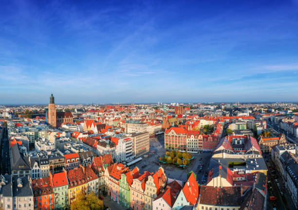 Colorful evening aerial scene on Wroclaw Market Square