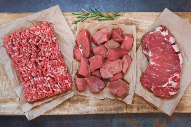 Fresh raw angus beef meat, whole, ground and chopped on parchment paper , wooden cutting board,  stone background, top view