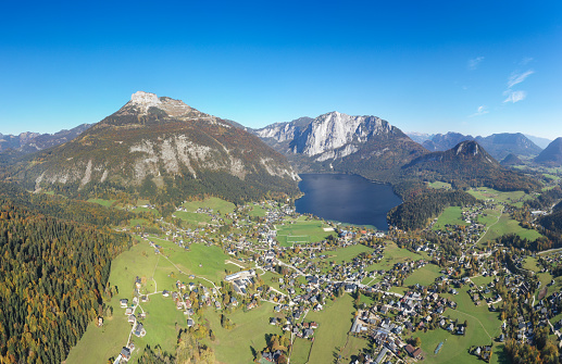 Aerial panorama of the beautiful Ausseerland with the Lake Altaussee. The Mountains Loser, Trisselwand, Totes Gebirge. Salzkammergut, Styria, Austria. Converted from RAW.