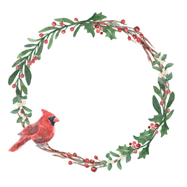 Watercolor Winter Wreath with Cardinal Christmas Watercolor Winter Wreath with Foliage, flowers, antlers, and berries rose christmas red white stock illustrations