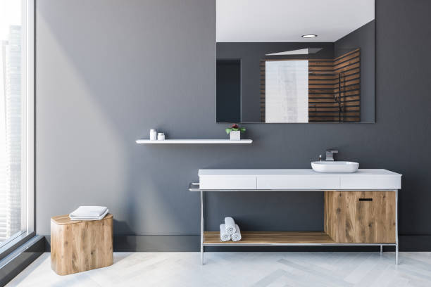 istock Gray Scandinavian style bathroom interior, sink 1053203470