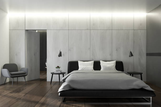 istock Bedroom interior with light wooden walls 1053203518
