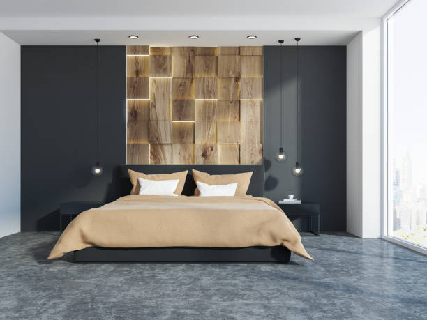 istock Gray and wooden panoramic bedroom interior 1053205512