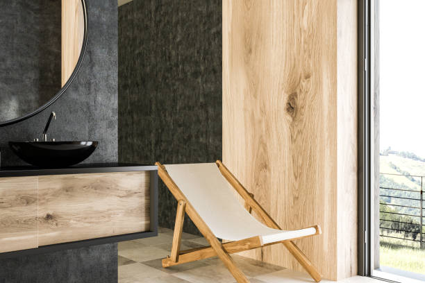 istock Black double bathroom sink side view concrete wood 1053206186