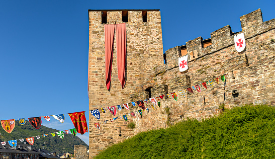 Street view of Ponferrada Knights Templar castle decorated during local festivity, in the Bierzo region of Spain.