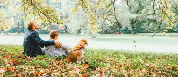 père avec fils à pied avec chien beagle et appréciez la chaude journée d’automne - parent teenager caucasian teenage boys photos et images de collection