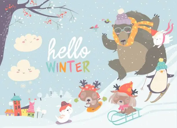 Vector illustration of Happy cute animals playing winter games. Hello winter