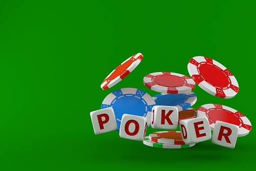 Poker chips with dice isolated on green background. 3d illustration