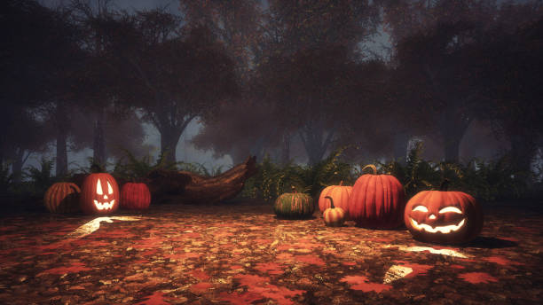 Scary halloween pumpkins in misty forest at dusk