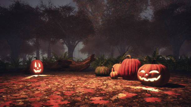 istock Jack-o-lantern pumpkins in autumn forest at night 1053223310