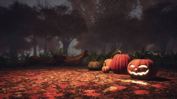 istock Halloween pumpkins in haunted forest at misty dusk 1053223318