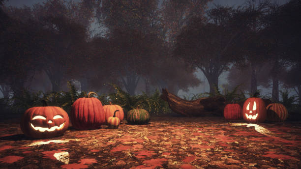 istock Jack-o-lantern pumpkins in misty forest at dusk 1053223338