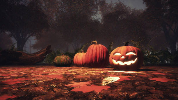istock Jack-o-lantern pumpkin in autumn forest close up 1053223370