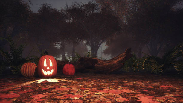 istock Jack-o-lantern pumpkin in spooky forest at dusk 1053223384