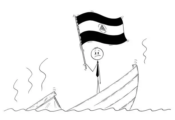 Vector illustration of Cartoon of Politician Standing Depressed on Sinking Boat Waving the Flag of Republic of Nicaragua