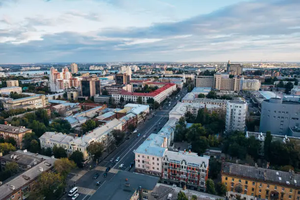 Aerial view of Voronezh downtown in summer evening.
