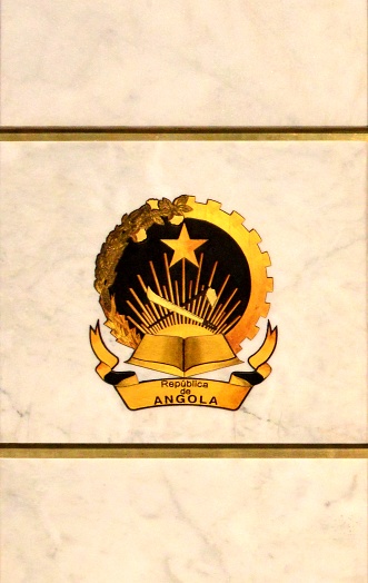 Angola coat of arms - Segment of a cogwheel and sheaves of maize, coffee and cotton, representing respectively the workers and industrial production, the peasants and agricultural production. At the foot, an open book represents education and culture, and the rising sun represents the new country. In the center a machete and a hoe symbolize work and the start of the armed struggle. At the top a star symbolizing international solidarity and progress.