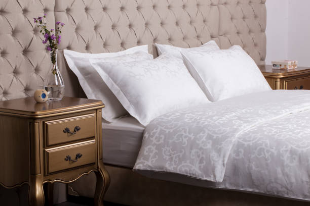 Hotel room interior detail from bed