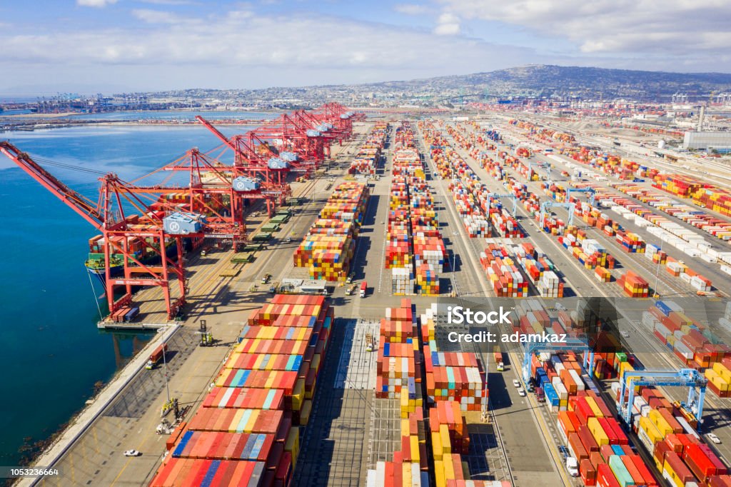 Aerial Port of Long Beach Container Yard Aerial image of containers in the Port of Long Beach, California. Commercial Dock Stock Photo