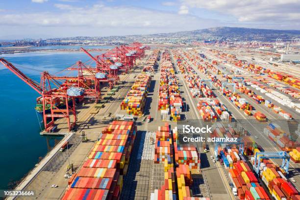 Aerial Port Of Long Beach Container Yard Stock Photo - Download Image Now - Commercial Dock, Harbor, USA