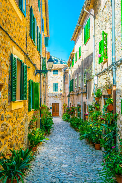 vue sur une rue étroite, dans la ville espagnole de valldemossa à majorque - valldemossa photos et images de collection