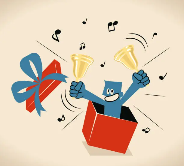 Vector illustration of Blue man popping out from gift box and waving gold bell