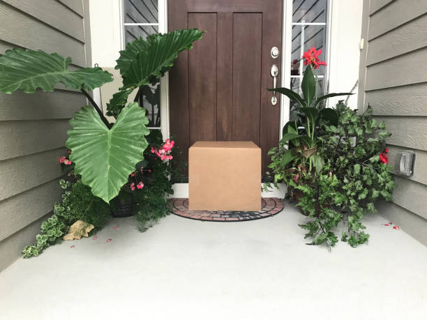 front door package with plants - doormat door christmas holiday imagens e fotografias de stock