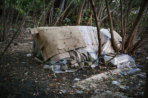 Homeless doweling. Small habitation, tent made from garbage