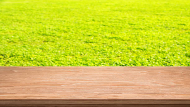 istock Empty Wooden Table And Green Field Abstract Background 1053261260