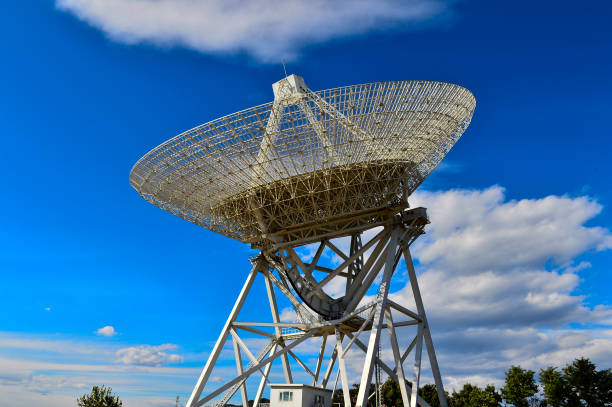 istock Array of satellite dishes or radio antennas against sky. Space o 1053261826