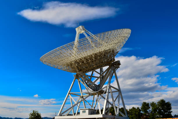 istock Array of satellite dishes or radio antennas against sky. Space o 1053261828