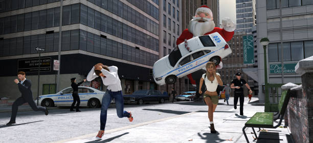 Giant Santa Terror in the streets A giant Santa causes havoc and terror in the streets christmas chaos stock pictures, royalty-free photos & images