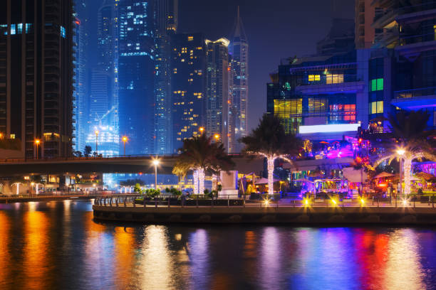 istock Beautiful view to Dubai Marina, UAE. Long exposure time lapse effect at night 1053287486