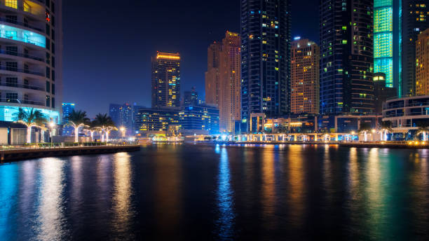 istock Beautiful view to Dubai Marina, UAE. Long exposure time lapse effect at night 1053287494